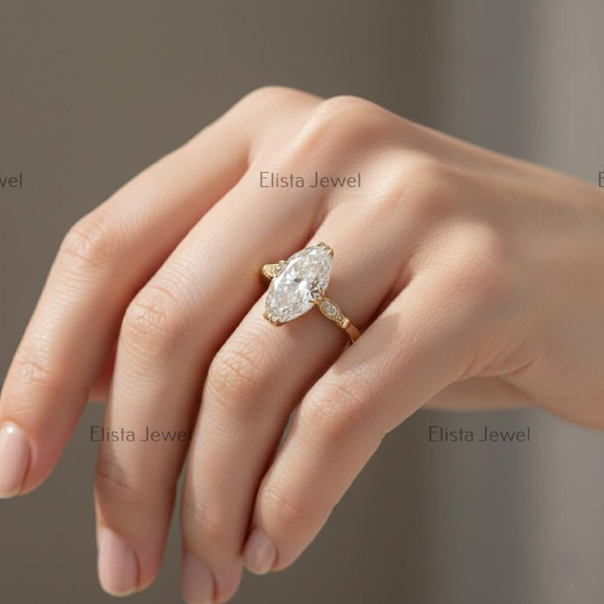 Marquise Diamond Leaf Ring Lab-Grown Engagement 14K Gold Pavé Accents