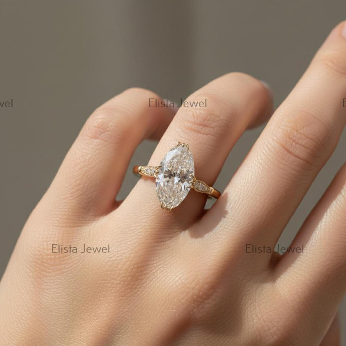 Marquise Diamond Leaf Ring Lab-Grown Engagement 14K Gold Pavé Accents