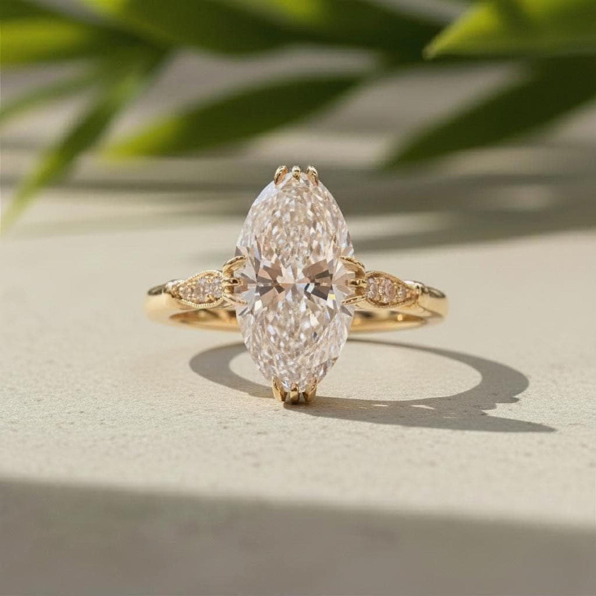 Marquise Diamond Leaf Ring Lab-Grown Engagement 14K Gold Pavé Accents