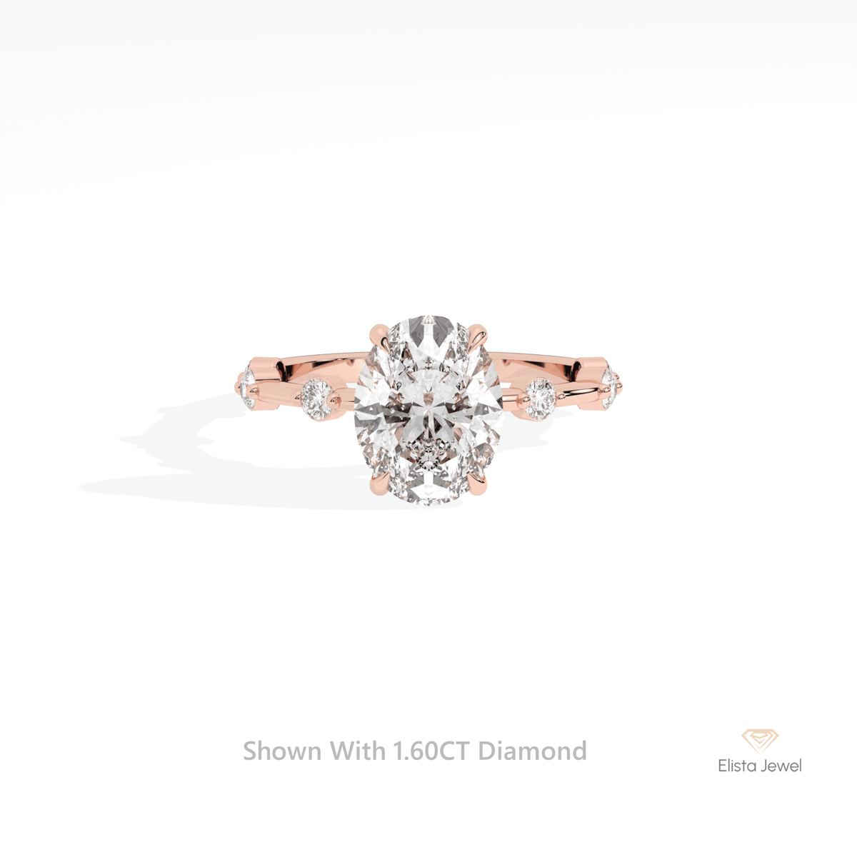 Oval Cut Accent Engagement Lab Grown Diamond Ring in 18K Rose Gold - Ring on Hand View