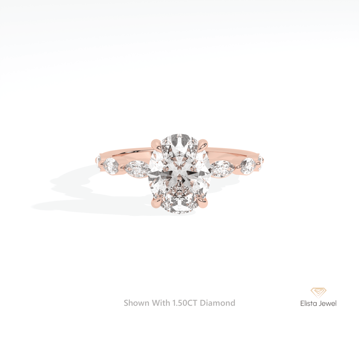 Oval Cut Accent Engagement Lab Grown Diamond Ring in 18K Rose Gold - Ring on Hand View