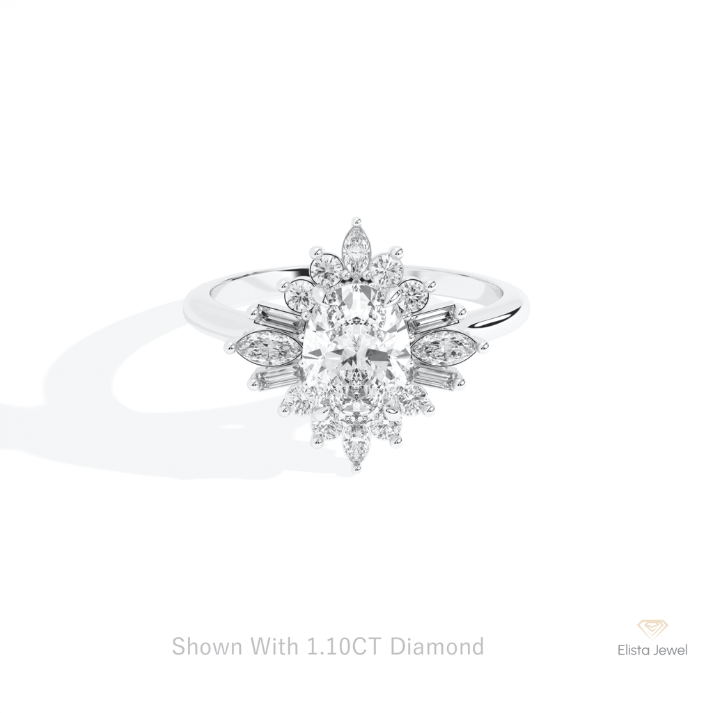 Oval Cut Cluster Starburst Lab Grown Diamond Ring in 14K Yellow Gold - Detail View