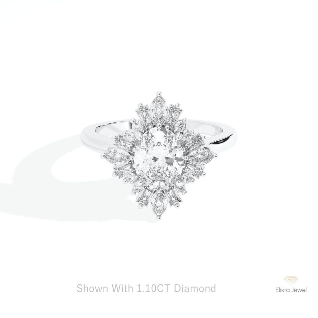 Oval Cut Cluster Starburst Lab Grown Diamond Ring in 14K Yellow Gold - Detail View