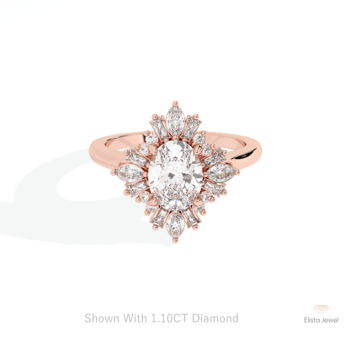 Oval Cut Cluster Starburst Lab Grown Diamond Ring in 18K Rose Gold - Ring on Hand View