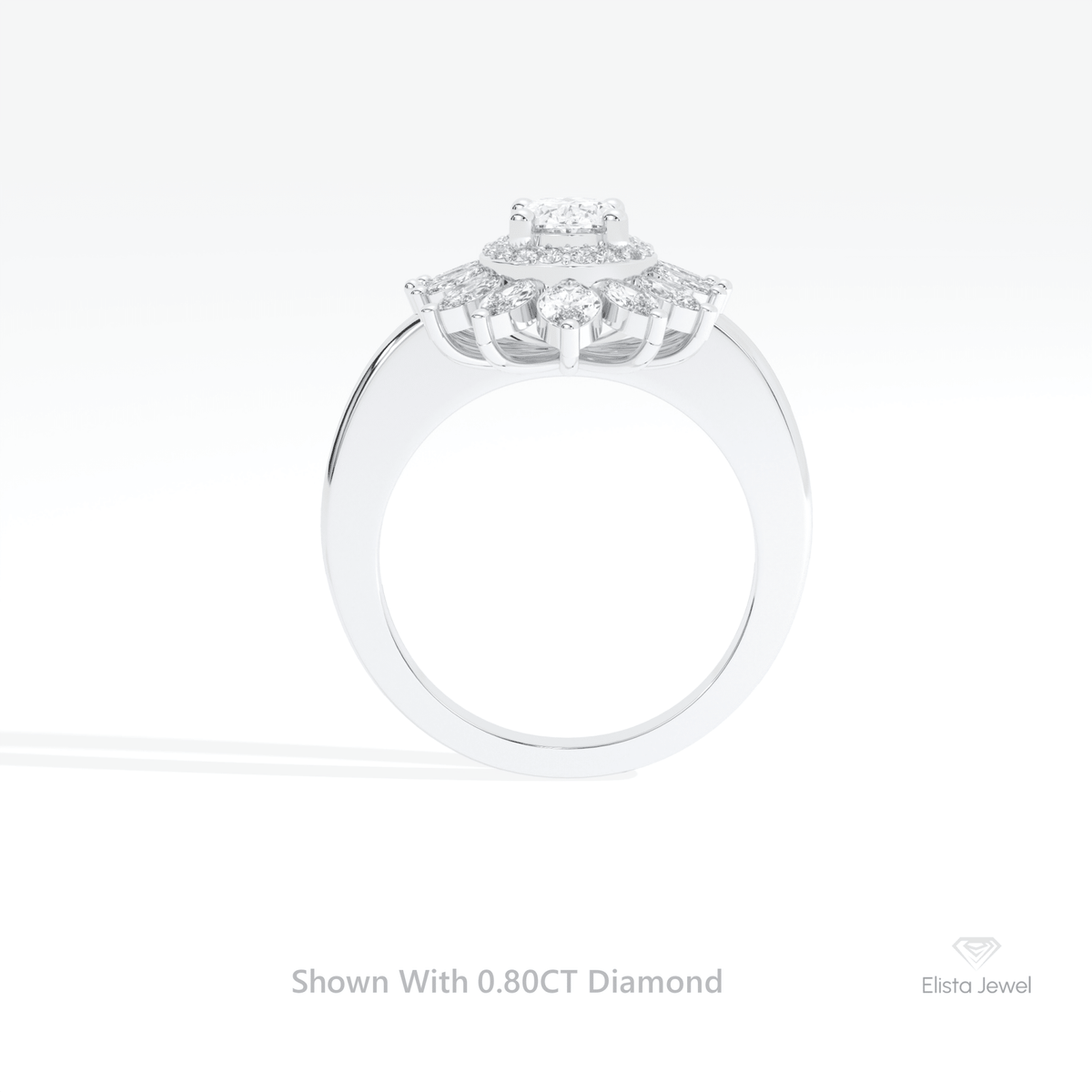 Oval Cut Double Halo Starburst Lab Grown Diamond Ring in 18K White Gold - Close-up View