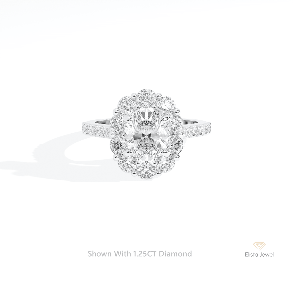 Oval Cut Floral Halo Engagement Lab Grown Diamond Ring in 14K Yellow Gold - Detail View