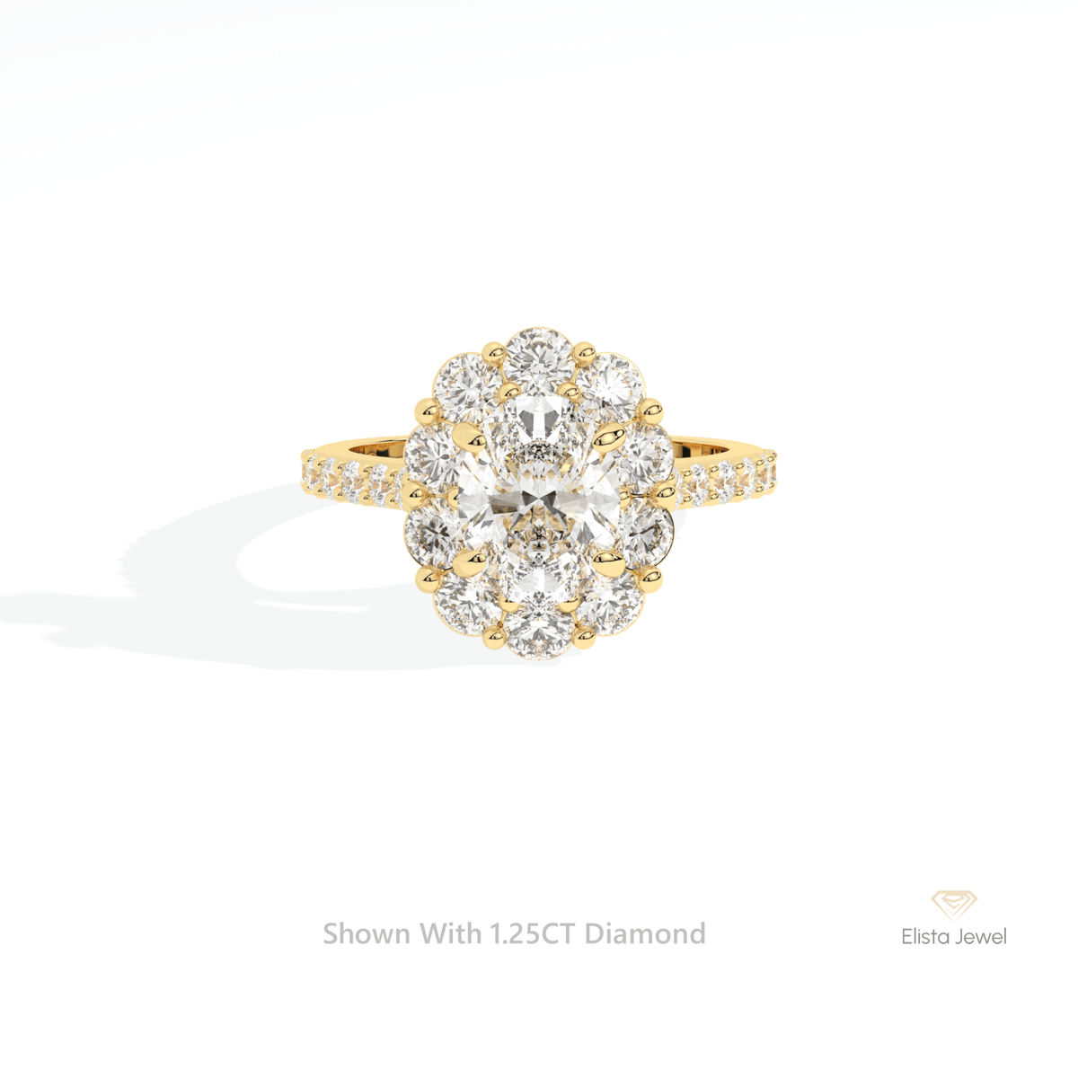 Oval Cut Floral Halo Engagement Lab Grown Diamond Ring in 18K White Gold - Close-up View