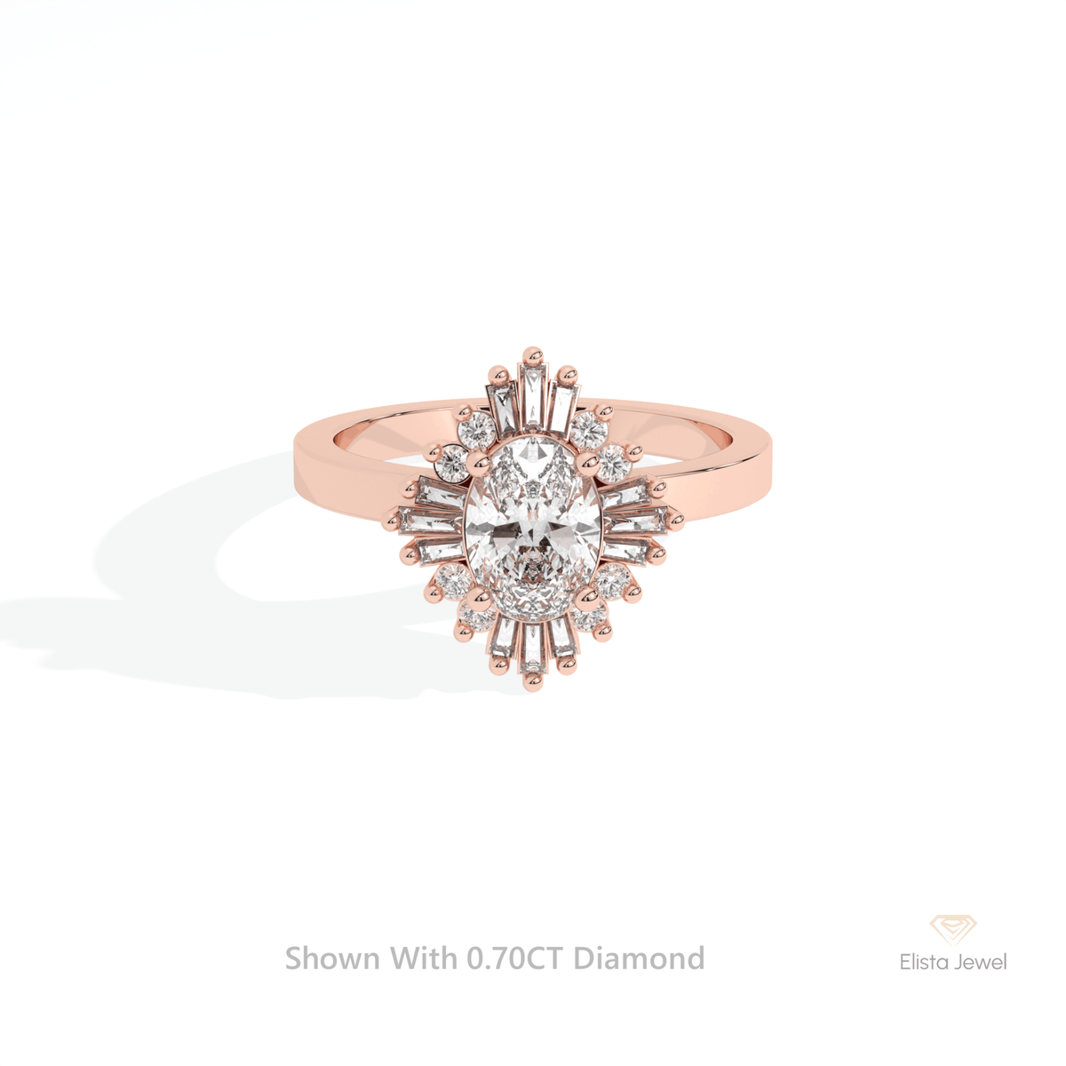 Oval Cut Halo Art Deco Lab Grown Diamond Ring in 18K Rose Gold - Ring on Hand View