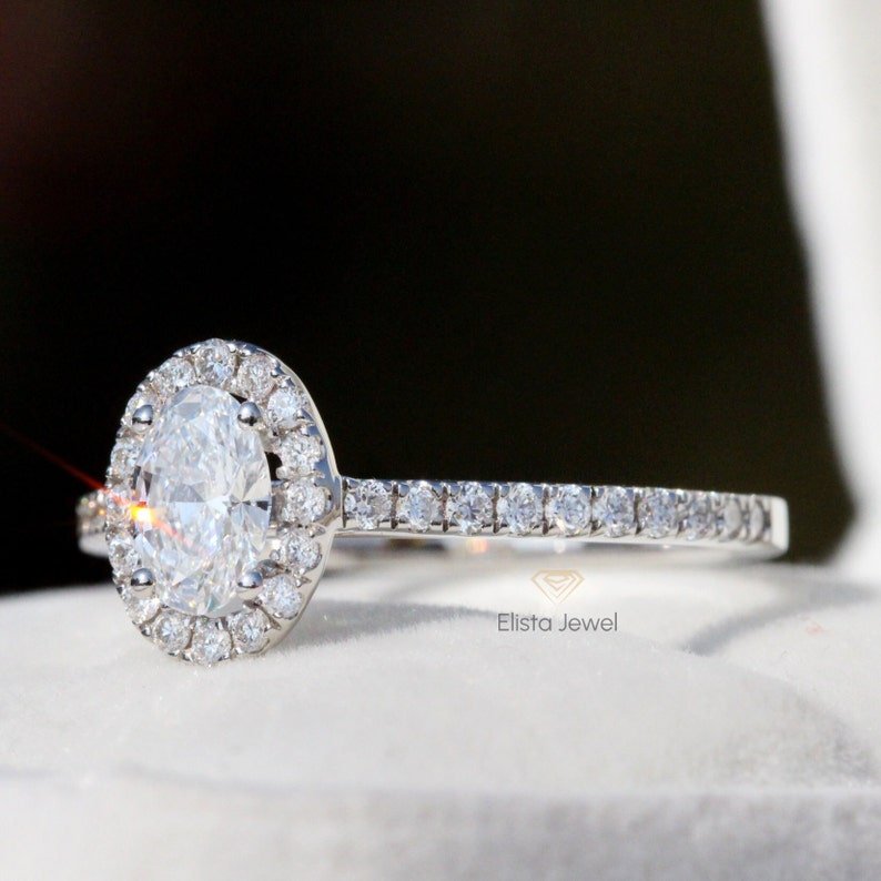 Oval Cut Halo Engagement Lab Grown Diamond Ring - Ring on Hand View