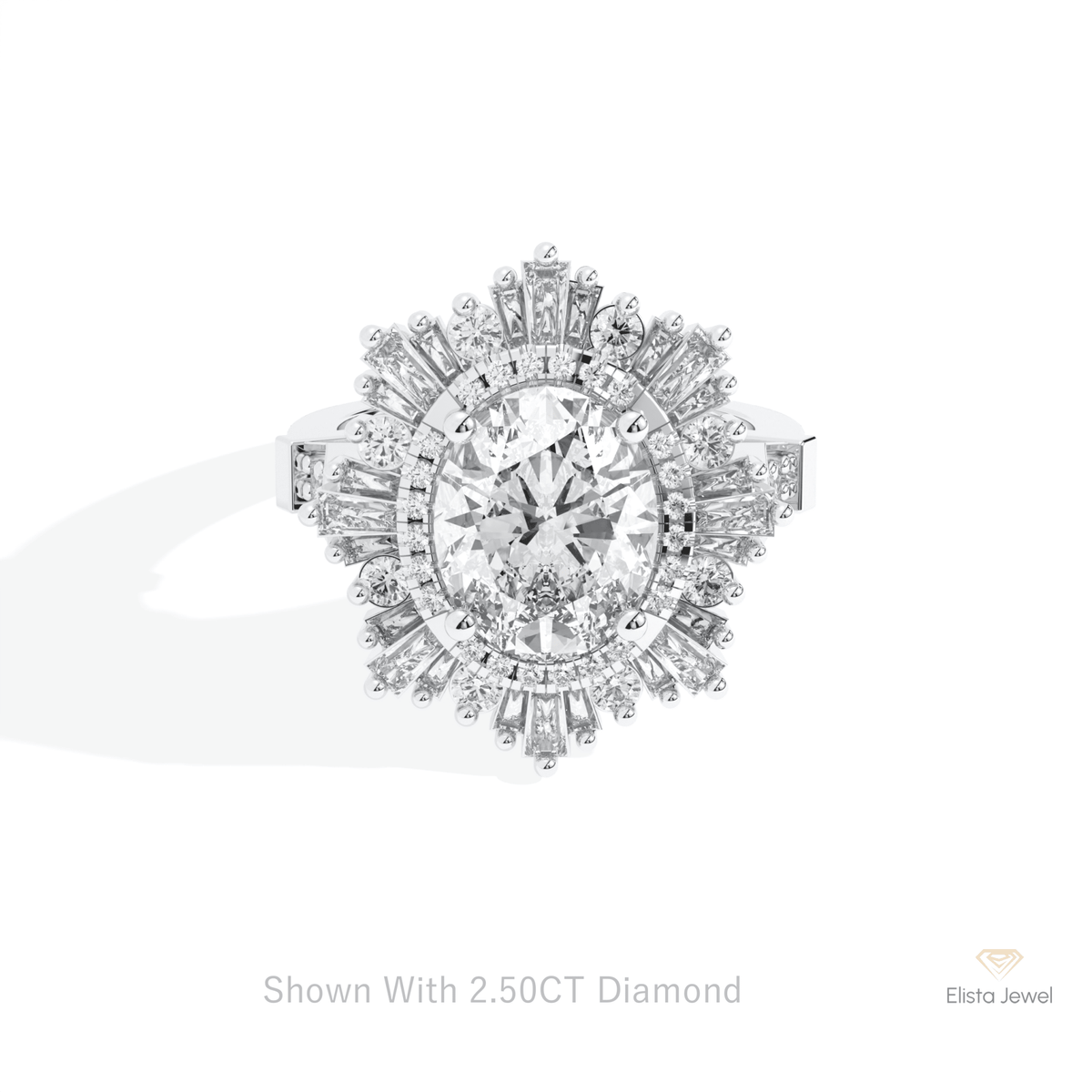 Oval Cut Halo Starburst Engagement Lab Grown Diamond Ring in 10K White Gold - Front View