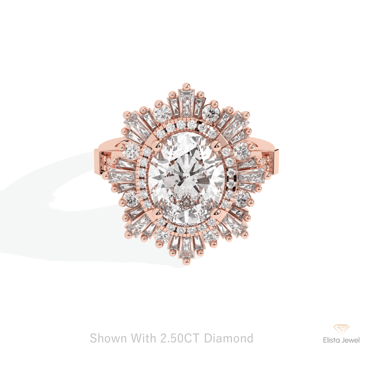 Oval Cut Halo Starburst Engagement Lab Grown Diamond Ring in 18K Rose Gold - Ring on Hand View