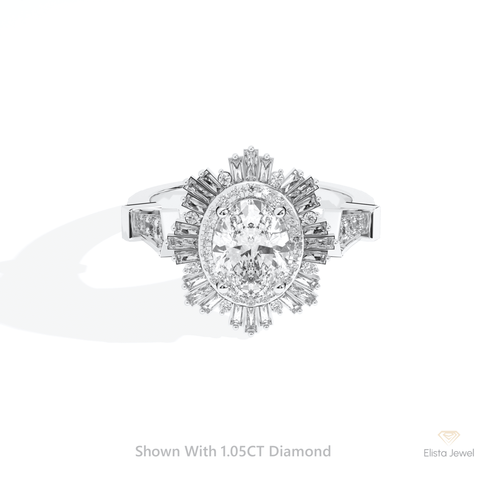 Oval Cut Halo Starburst Lab Grown Diamond Ring in 14K Yellow Gold - Detail View