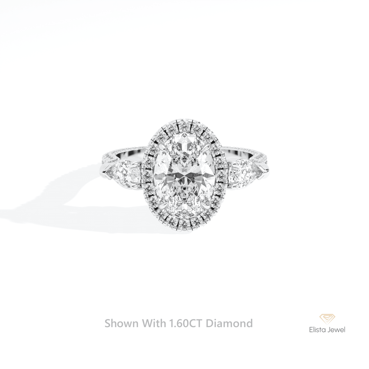 Oval Cut Halo Three Stone Lab Grown Diamond Ring in 14K Yellow Gold - Detail View