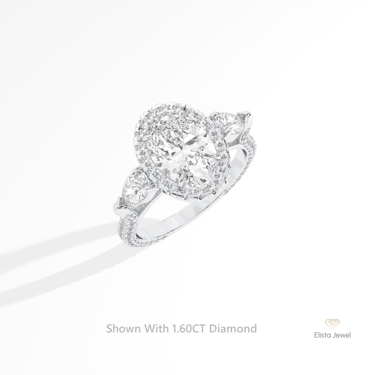 Oval Cut Halo Three Stone Lab Grown Diamond Ring in 14K Rose Gold - Profile View