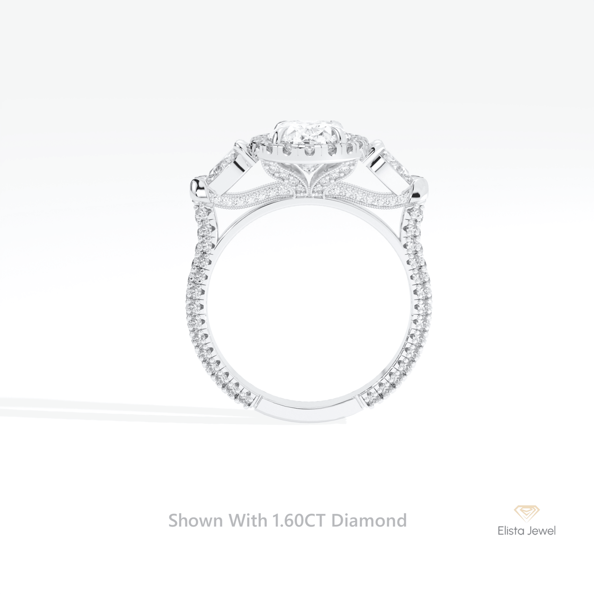 Oval Cut Halo Three Stone Lab Grown Diamond Ring in 18K White Gold - Close-up View