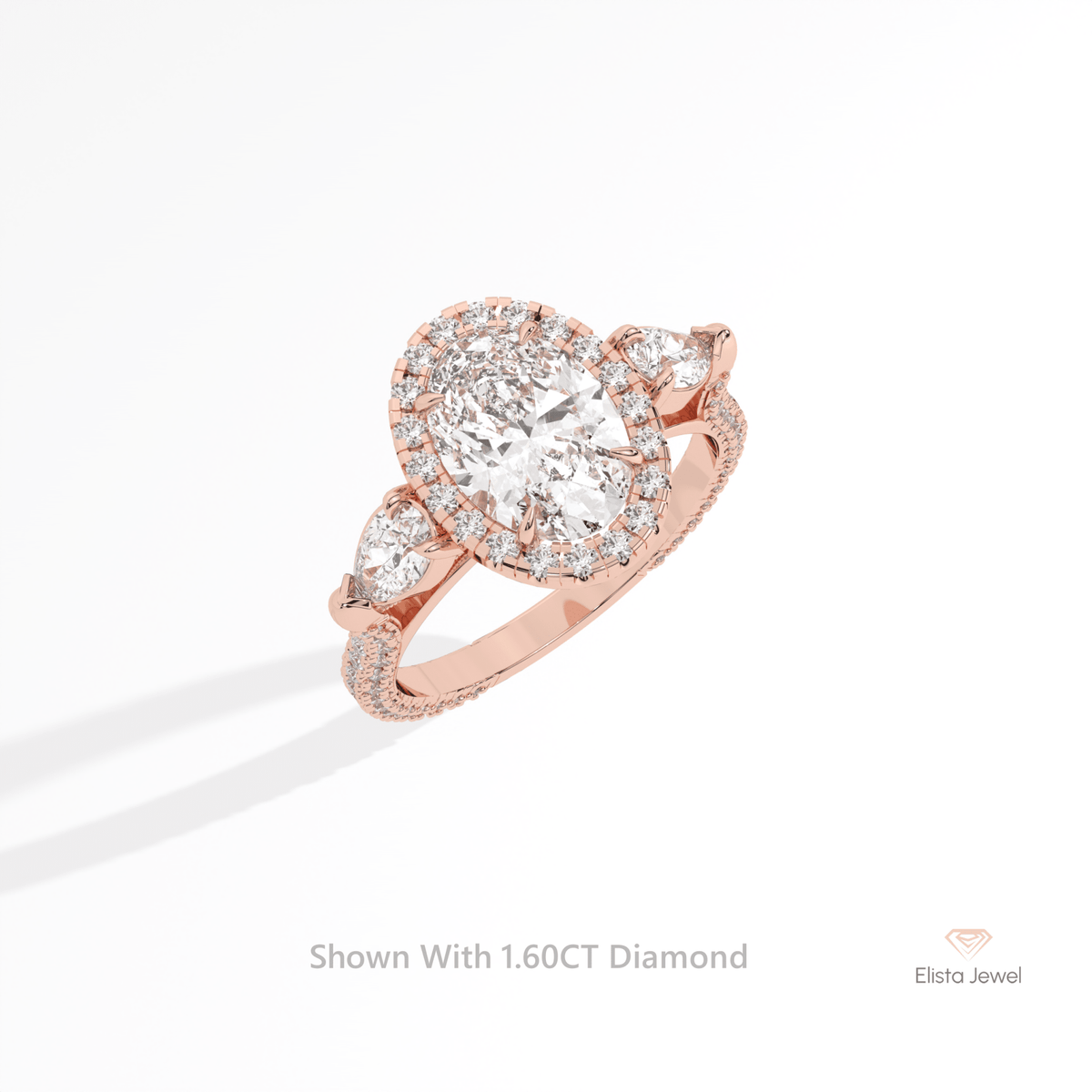 Oval Cut Halo Three Stone Lab Grown Diamond Ring in 10K Yellow Gold - Side View