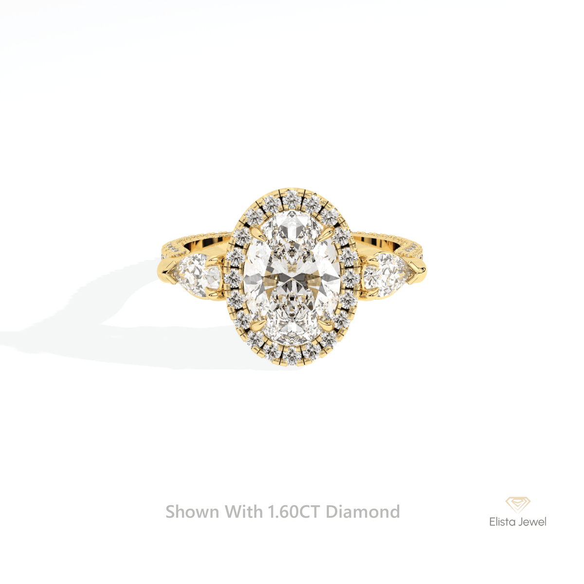 Oval Cut Halo Three Stone Lab Grown Diamond Ring in 18K Rose Gold - Ring on Hand View