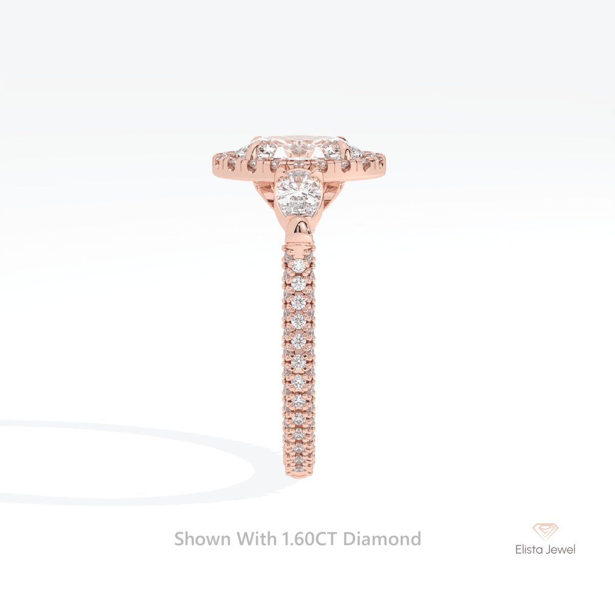 Oval Cut Halo Three Stone Lab Grown Diamond Ring in 14K White Gold - Top View