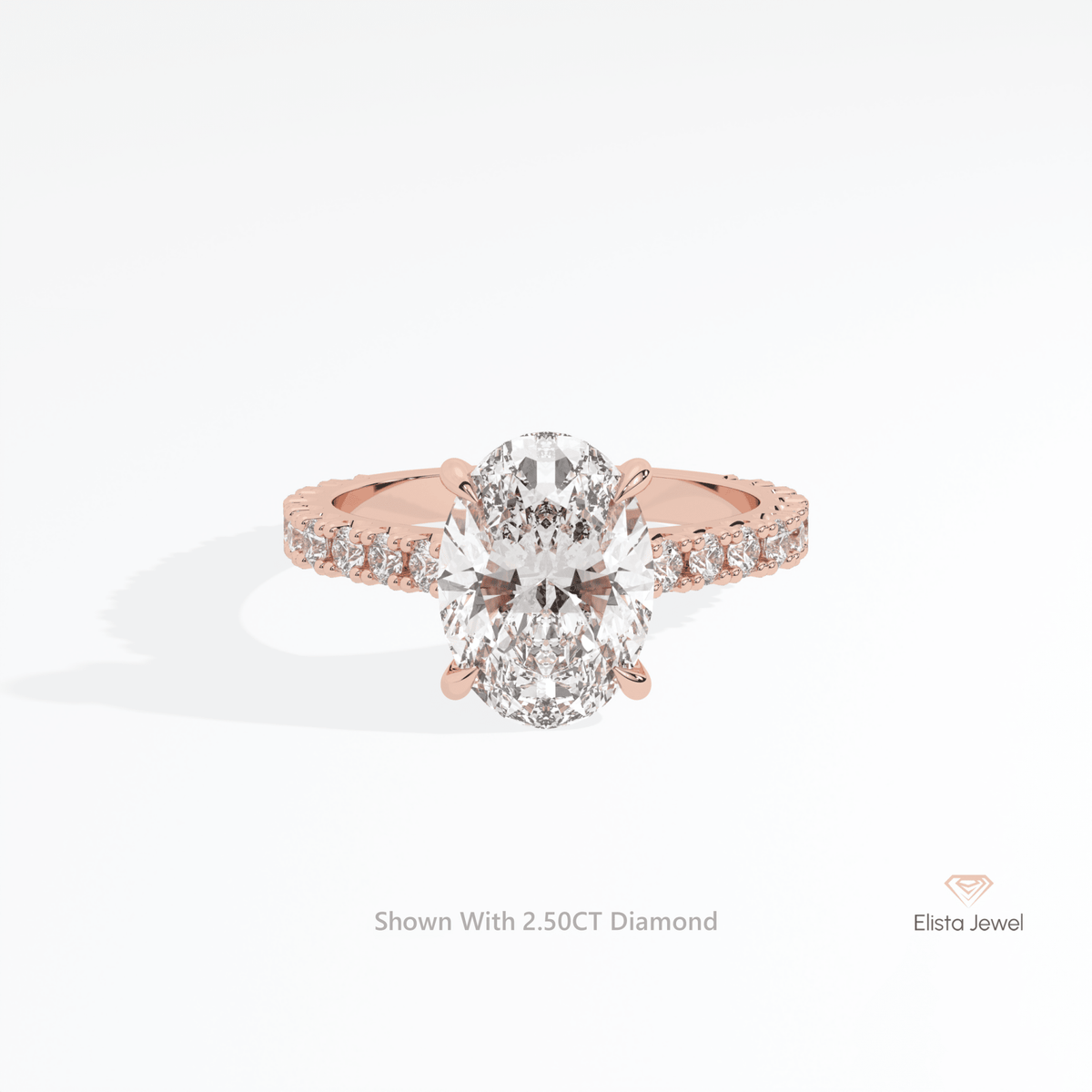 Oval Cut Hidden Halo Engagement Lab Grown Diamond Ring in 18K Rose Gold - Ring on Hand View