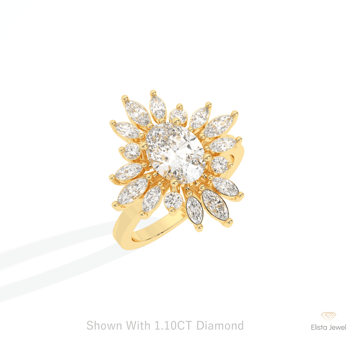 Oval Cut Starburst Engagement Lab Grown Diamond Ring in 10K Yellow Gold - Side View