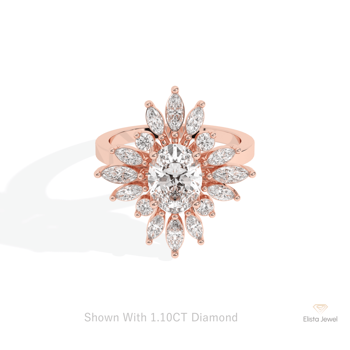 Oval Cut Starburst Engagement Lab Grown Diamond Ring in 18K Rose Gold - Ring on Hand View