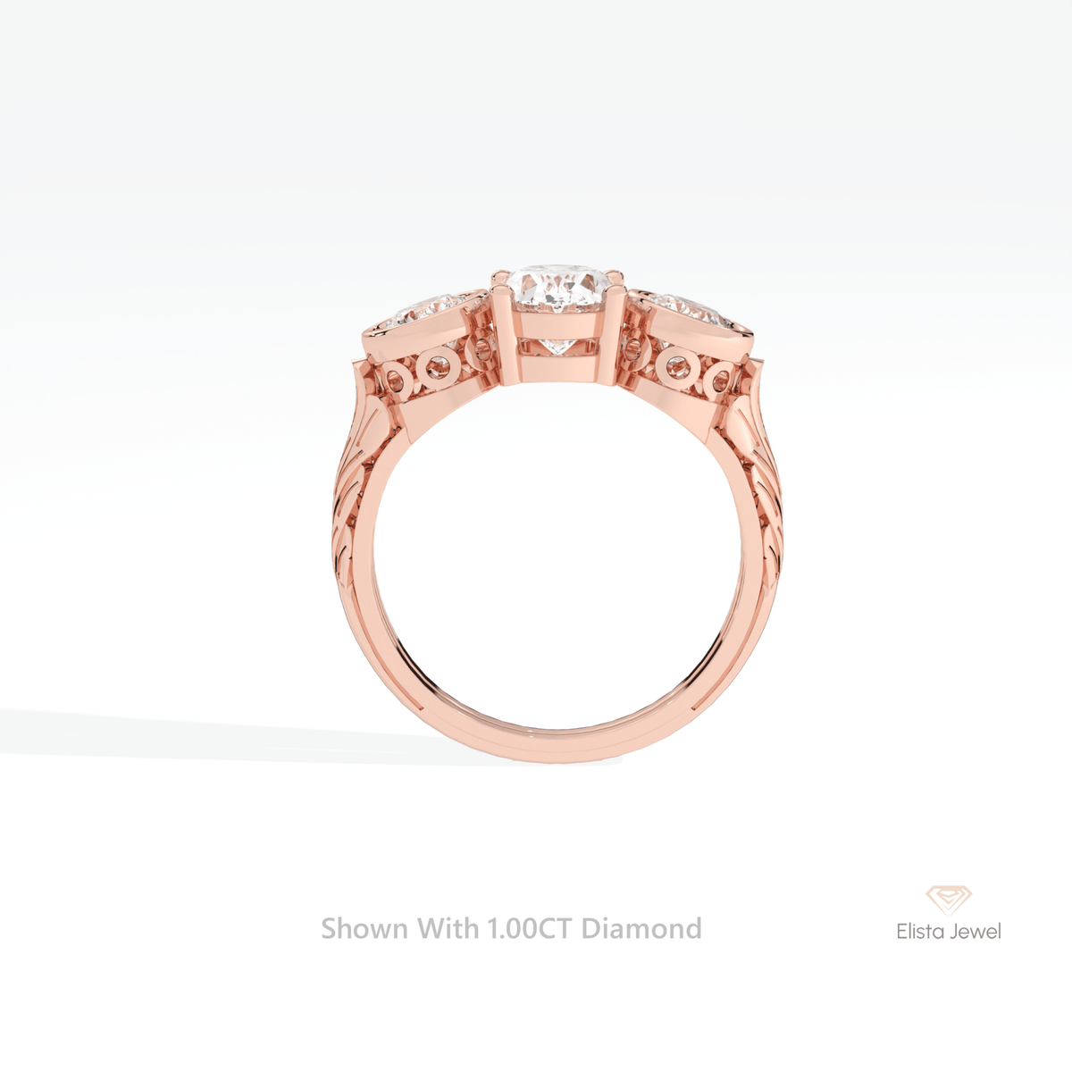Oval Cut Three Stone Engagement Lab Grown Diamond Ring in 10K Rose Gold - Angled View