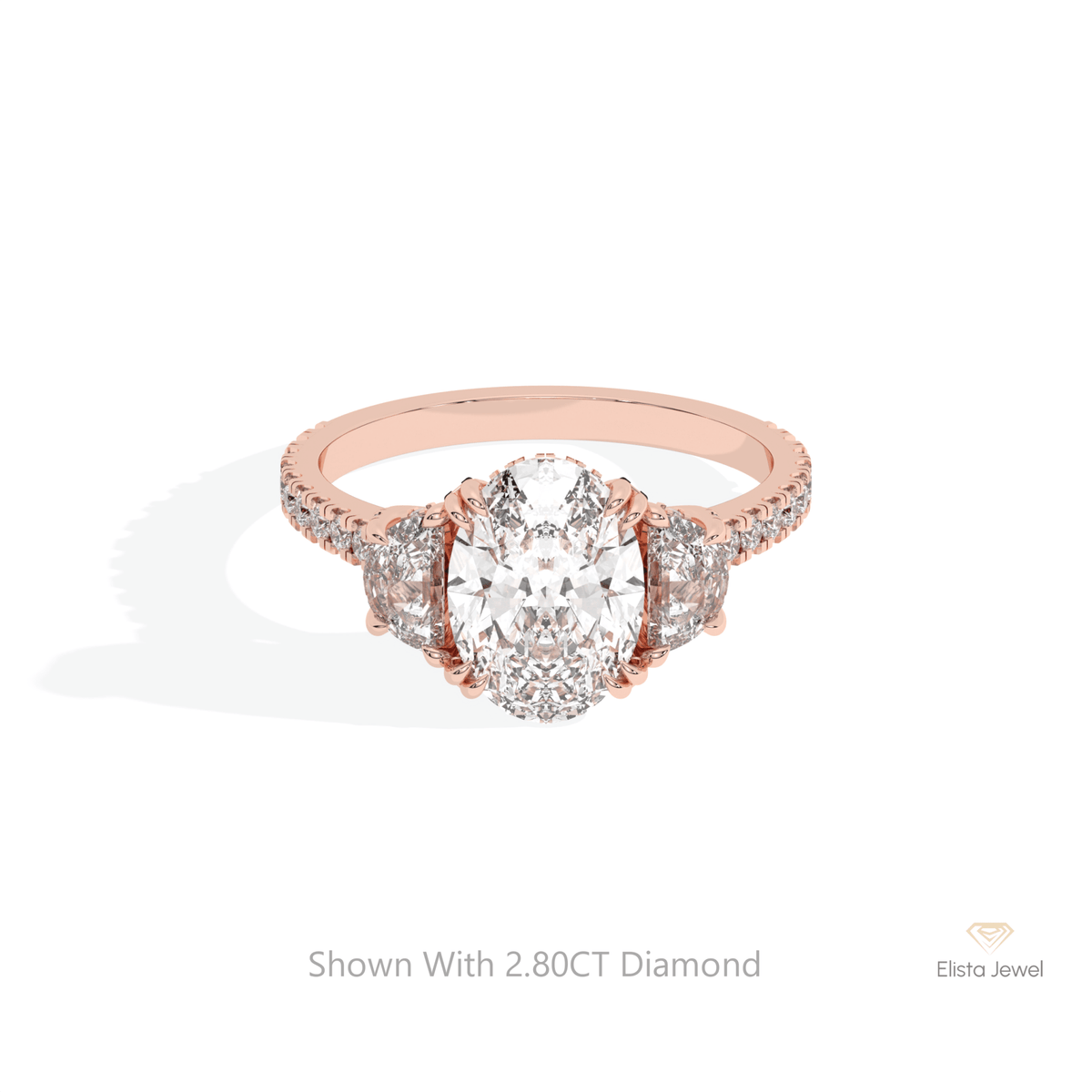 Oval Cut Three Stone Engagement Lab Grown Diamond Ring in 18K Rose Gold - Ring on Hand View