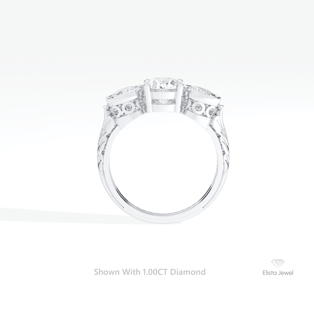 Oval Cut Three Stone Engagement Lab Grown Diamond Ring in 18K White Gold - Close-up View