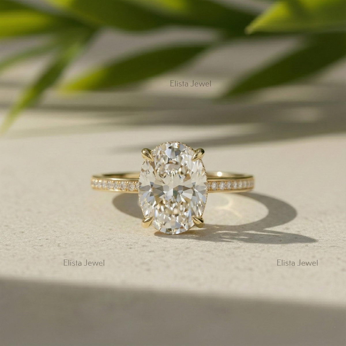 Oval Diamond Ring 3CT Lab-Grown Hidden Halo Engagement, 14K Yellow Gold Pavé Band