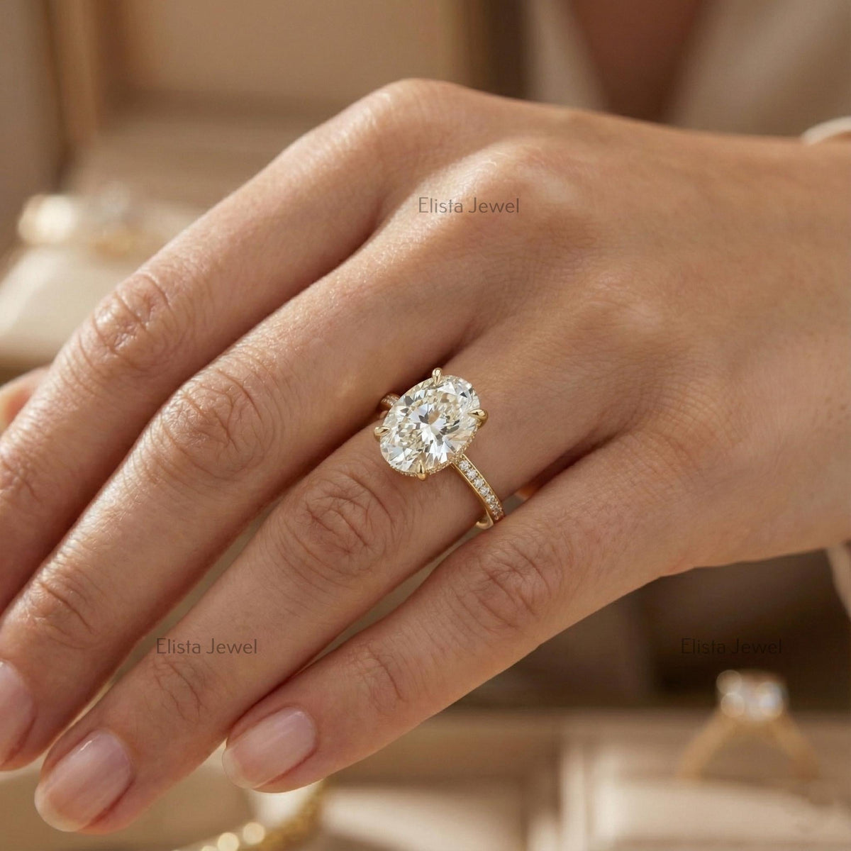 Oval Diamond Ring 3CT Lab-Grown Hidden Halo Engagement, 14K Yellow Gold Pavé Band