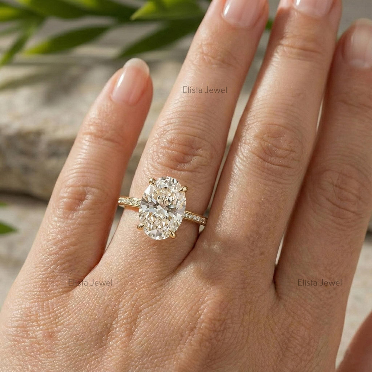 Oval Diamond Ring 3CT Lab-Grown Hidden Halo Engagement, 14K Yellow Gold Pavé Band