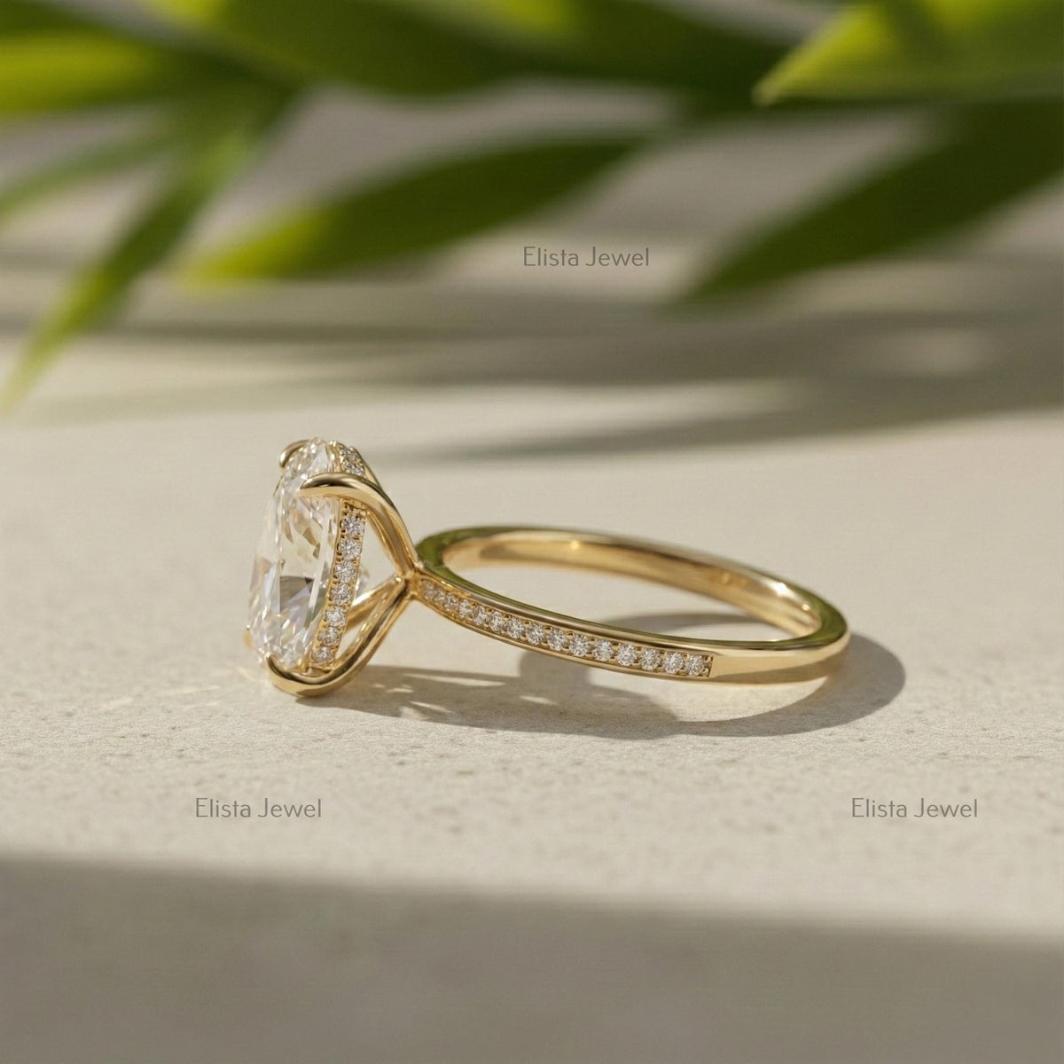 Oval Diamond Ring 3CT Lab-Grown Hidden Halo Engagement, 14K Yellow Gold Pavé Band