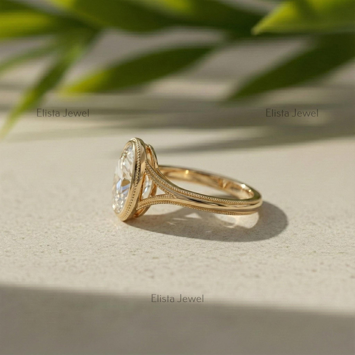 IGI Certified Oval Lab Grown Diamond Engagement Ring, Bezel Solitaire 14k Gold Milgrain Split Shank Statement Ring