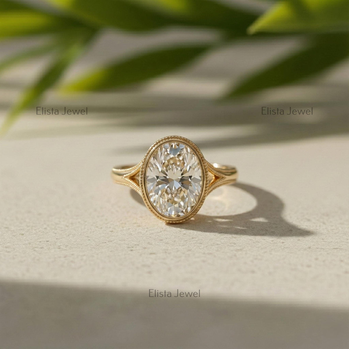 IGI Certified Oval Lab Grown Diamond Engagement Ring, Bezel Solitaire 14k Gold Milgrain Split Shank Statement Ring