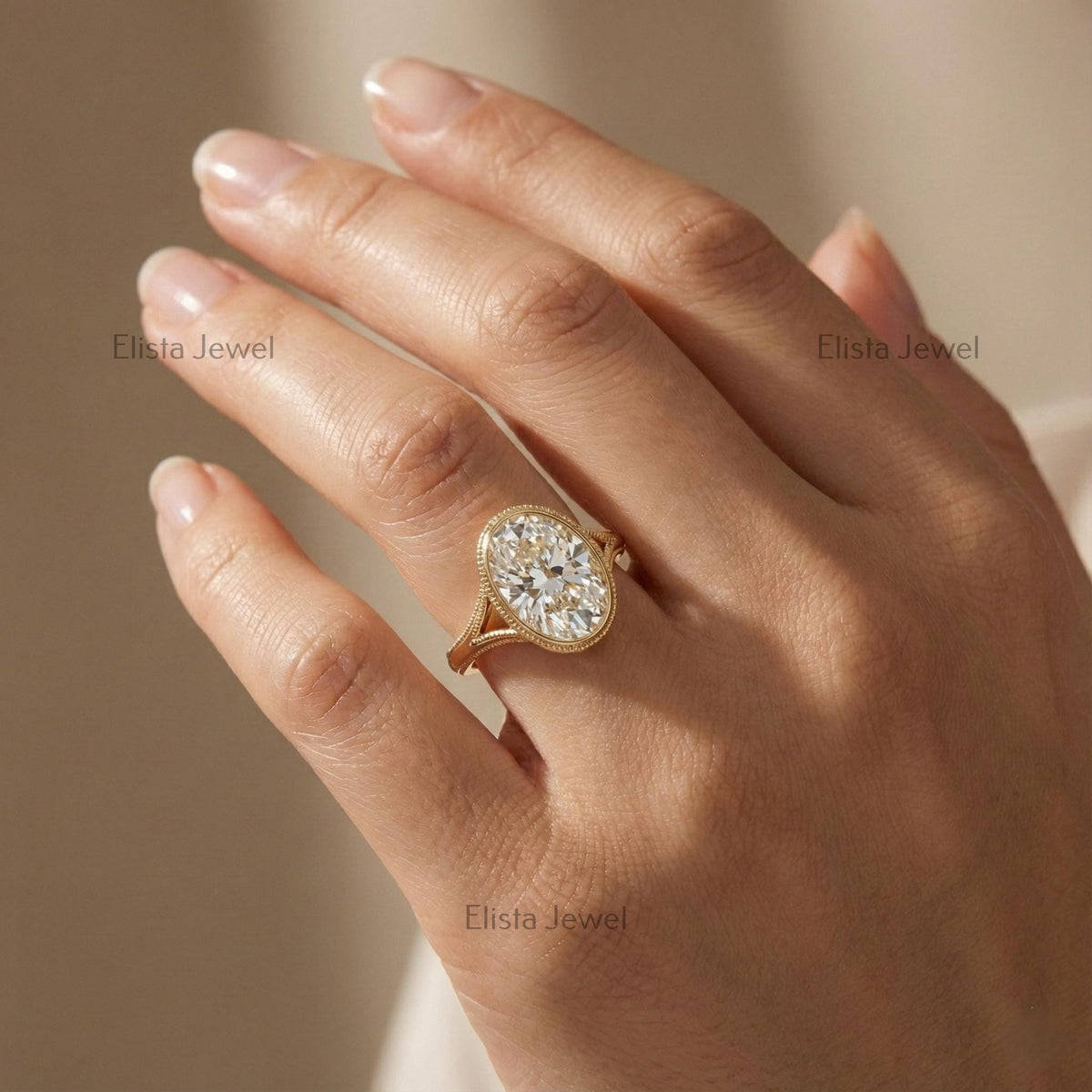 IGI Certified Oval Lab Grown Diamond Engagement Ring, Bezel Solitaire 14k Gold Milgrain Split Shank Statement Ring