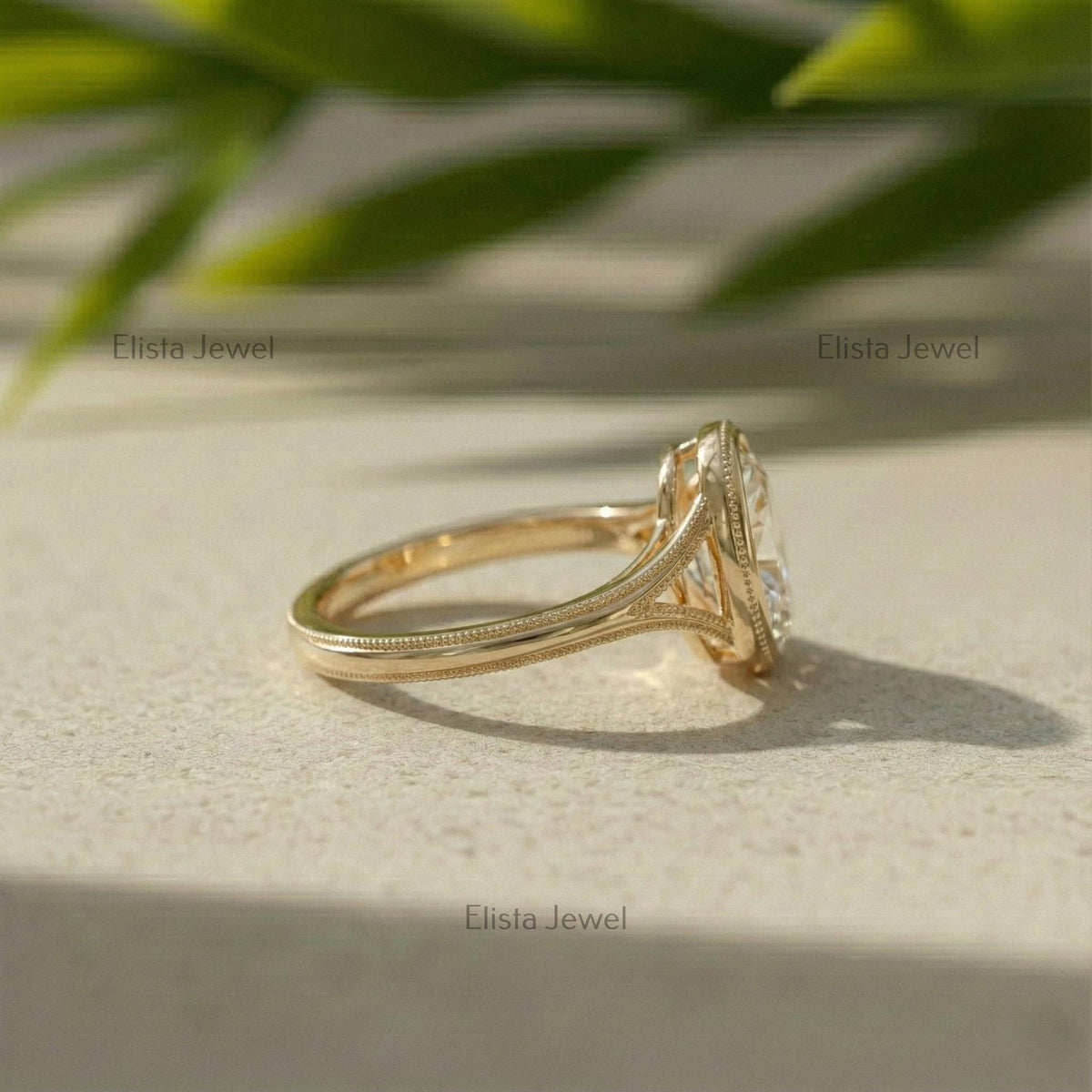 IGI Certified Oval Lab Grown Diamond Engagement Ring, Bezel Solitaire 14k Gold Milgrain Split Shank Statement Ring