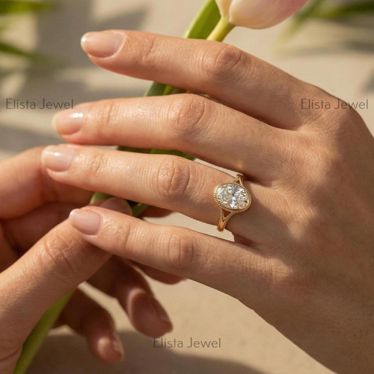 IGI Certified Oval Lab Grown Diamond Engagement Ring, Bezel Solitaire 14k Gold Milgrain Split Shank Statement Ring