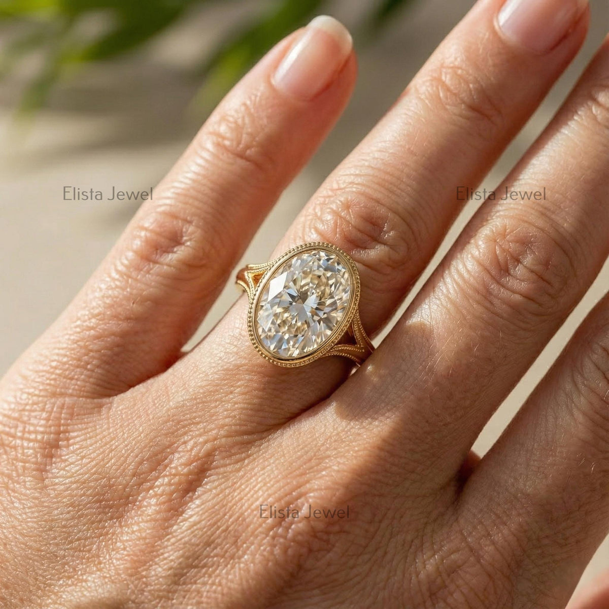IGI Certified Oval Lab Grown Diamond Engagement Ring, Bezel Solitaire 14k Gold Milgrain Split Shank Statement Ring