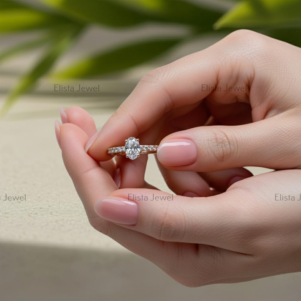 Oval Lab-Grown Diamond Engagement Ring, 14K Yellow Gold Pavé Band
