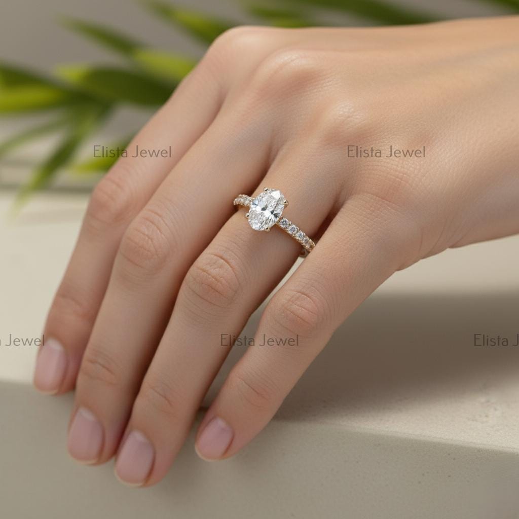 Oval Lab-Grown Diamond Engagement Ring, 14K Yellow Gold Pavé Band