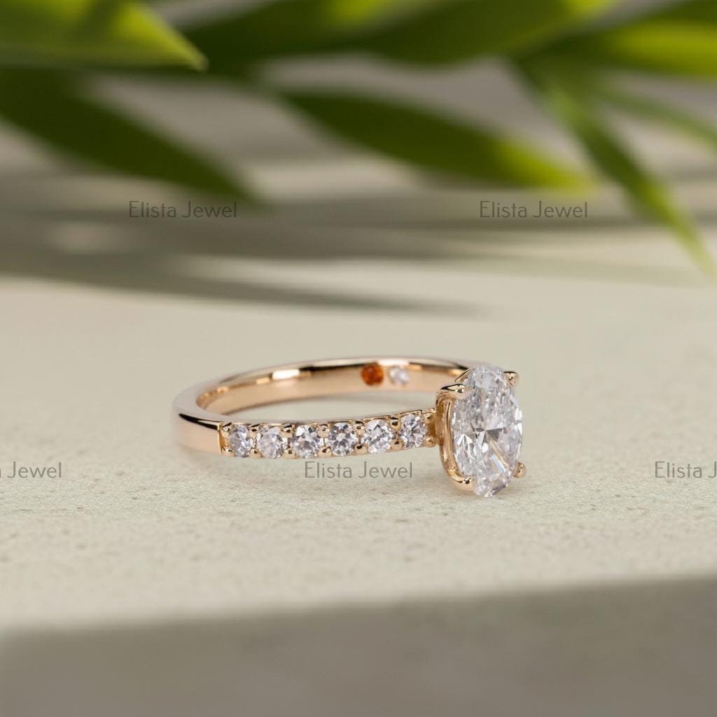 Oval Lab-Grown Diamond Engagement Ring, 14K Yellow Gold Pavé Band