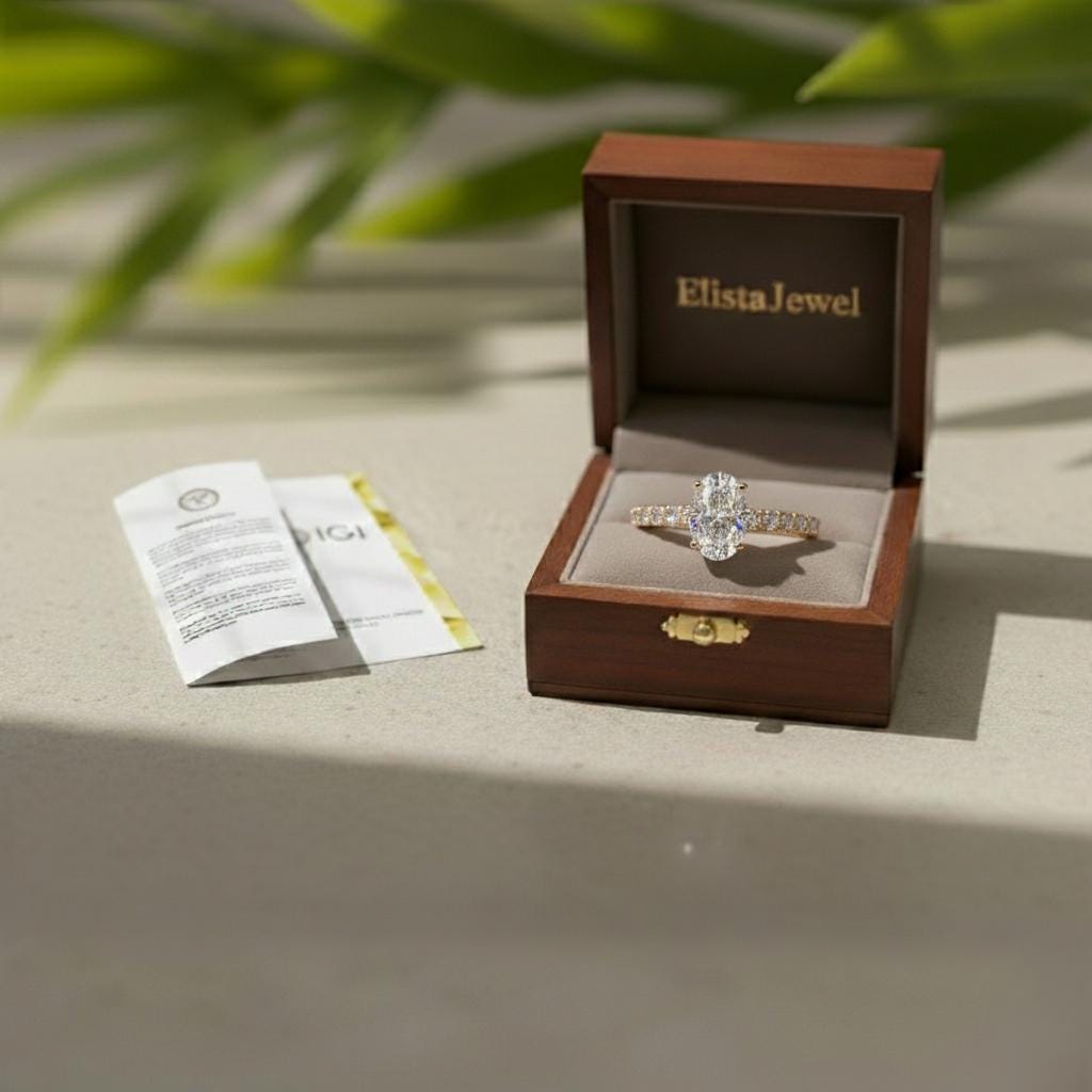 Oval Lab-Grown Diamond Engagement Ring, 14K Yellow Gold Pavé Band
