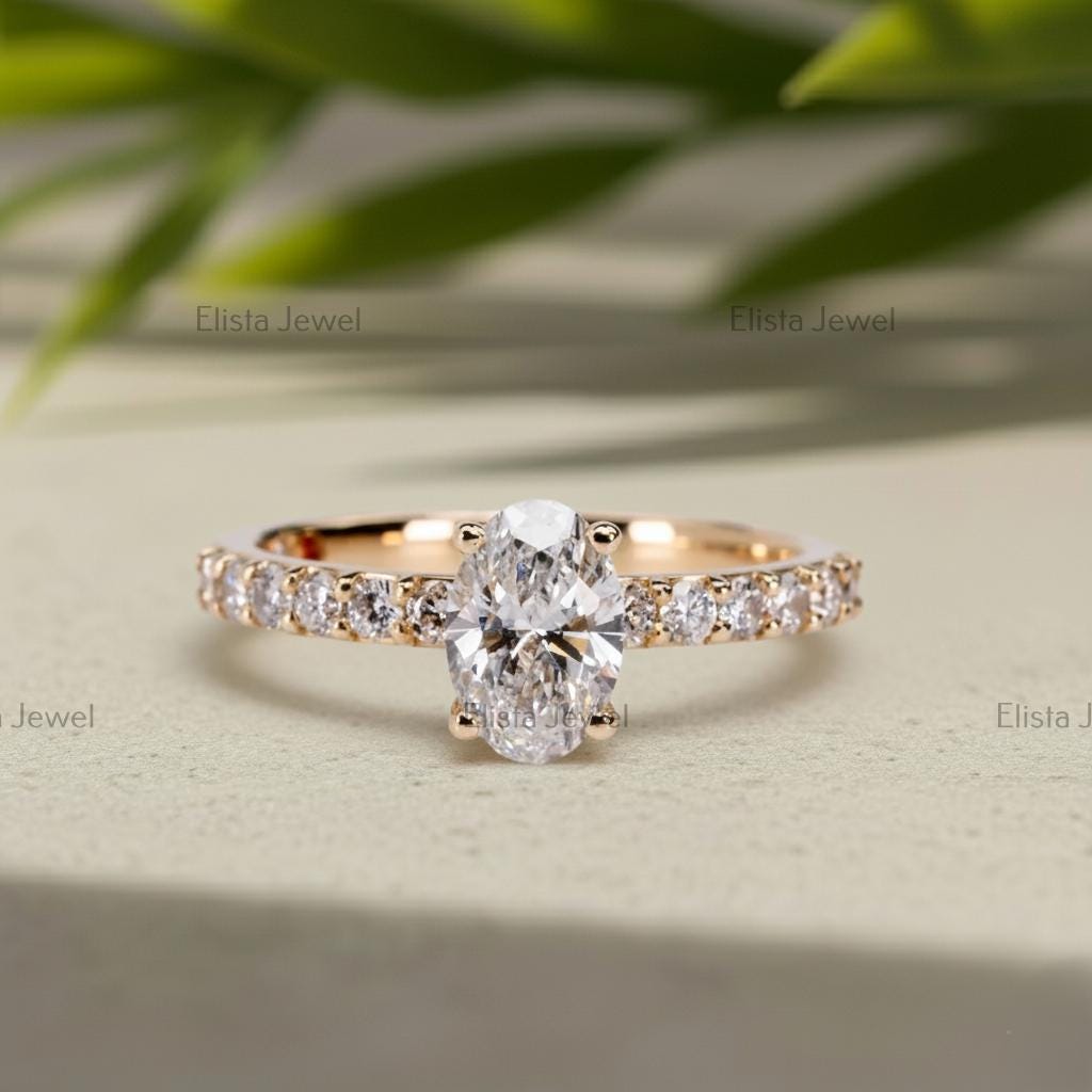Oval Lab-Grown Diamond Engagement Ring, 14K Yellow Gold Pavé Band