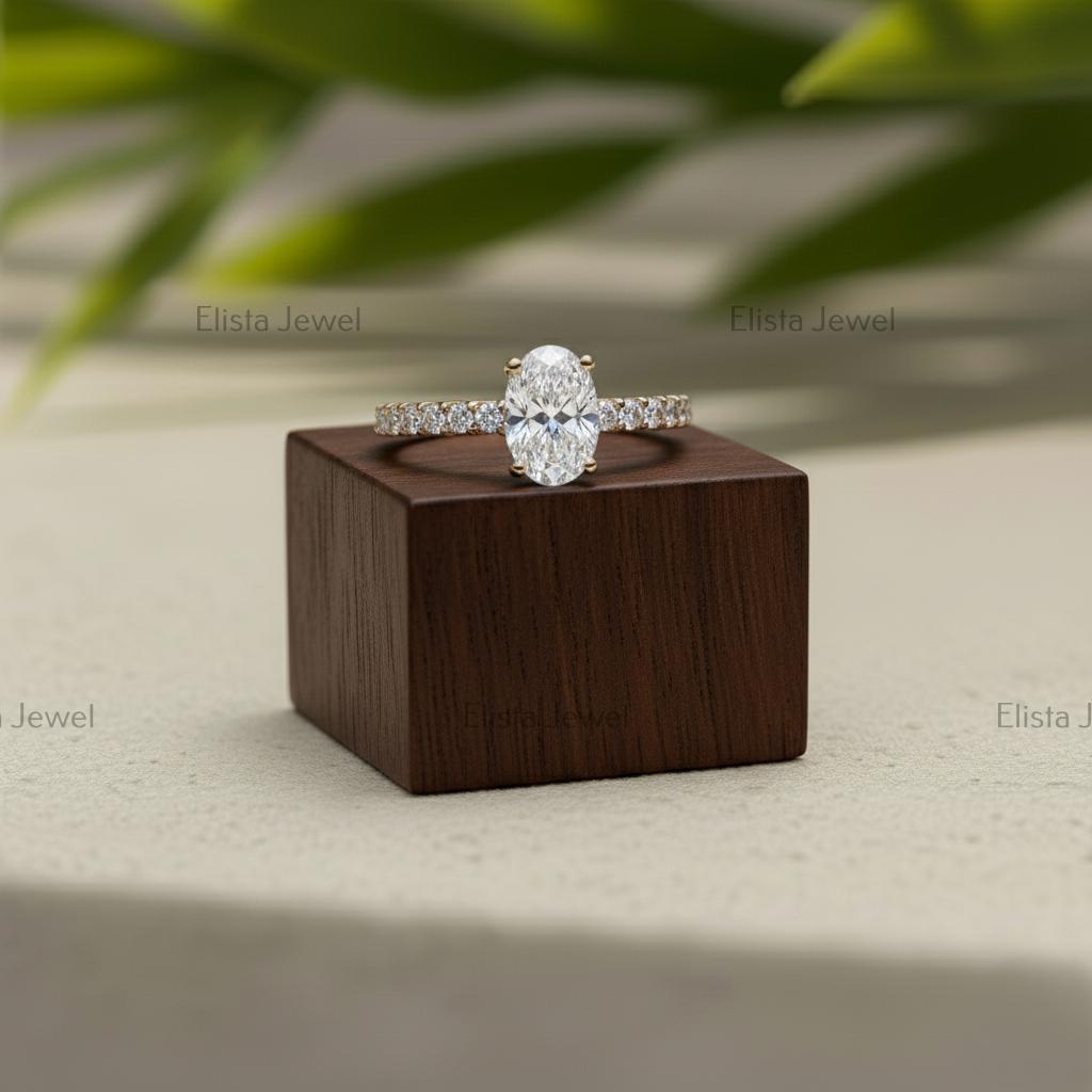 Oval Lab-Grown Diamond Engagement Ring, 14K Yellow Gold Pavé Band