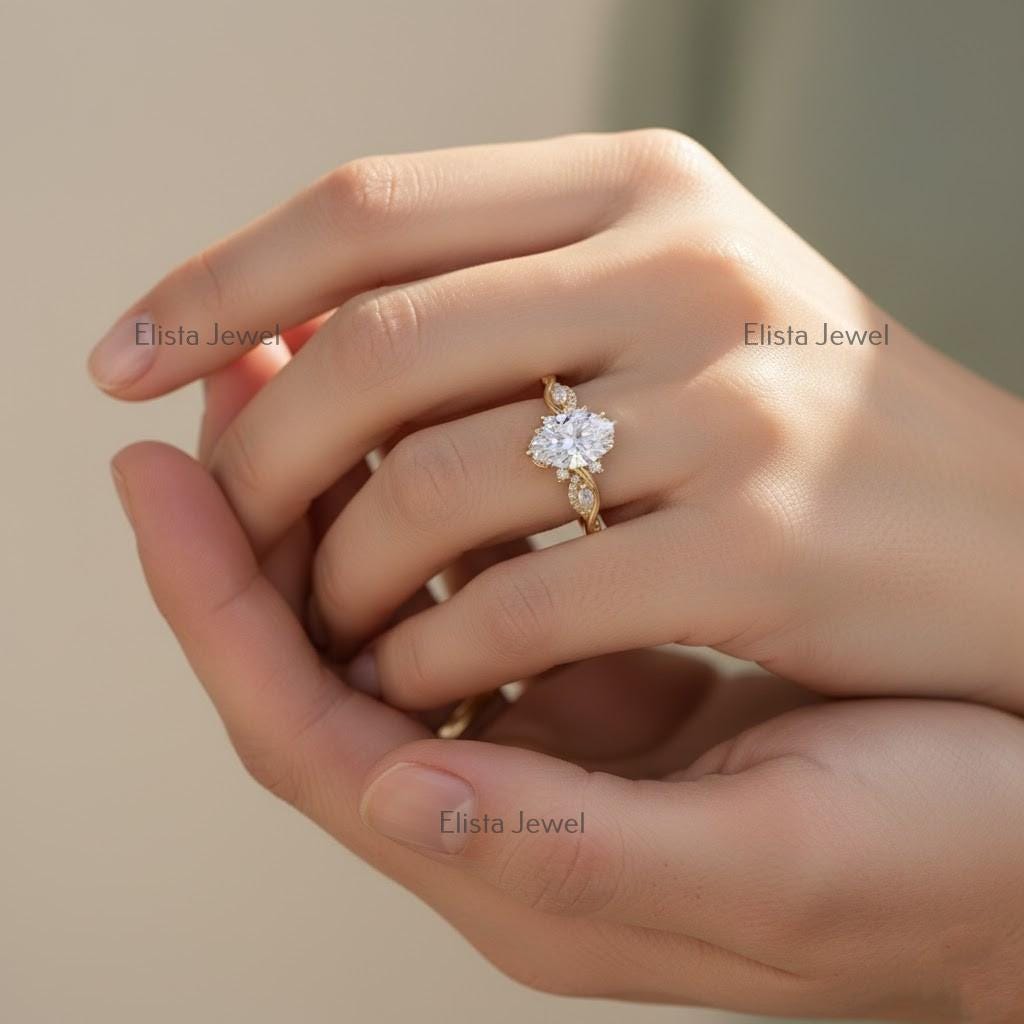 Oval Lab-Grown Diamond Engagement Ring, 18K Yellow Gold Leaf Band