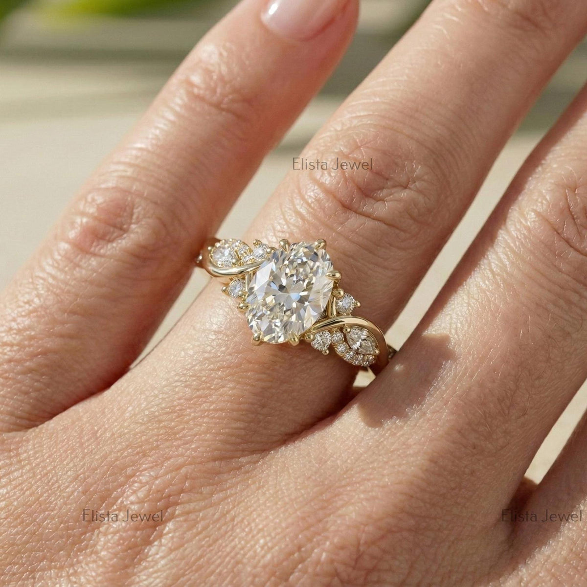 Oval Lab-Grown Diamond Engagement Ring, 18K Yellow Gold Leaf Band