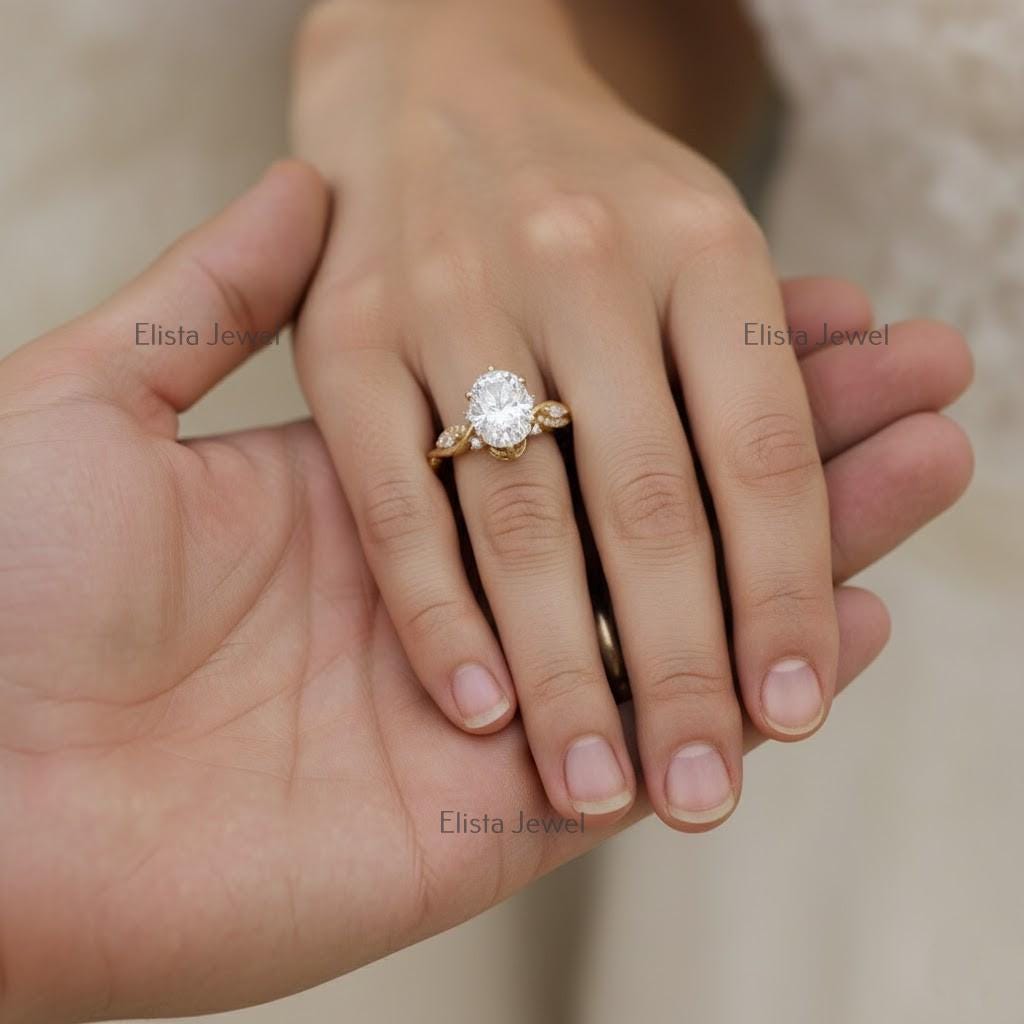 Oval Lab-Grown Diamond Engagement Ring, 18K Yellow Gold Leaf Band