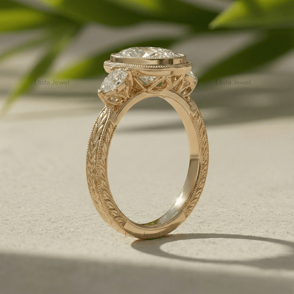 Oval Diamond Ring Lab-Grown Three-Stone Engagement 14K Yellow Gold Bezel With Pear Accents