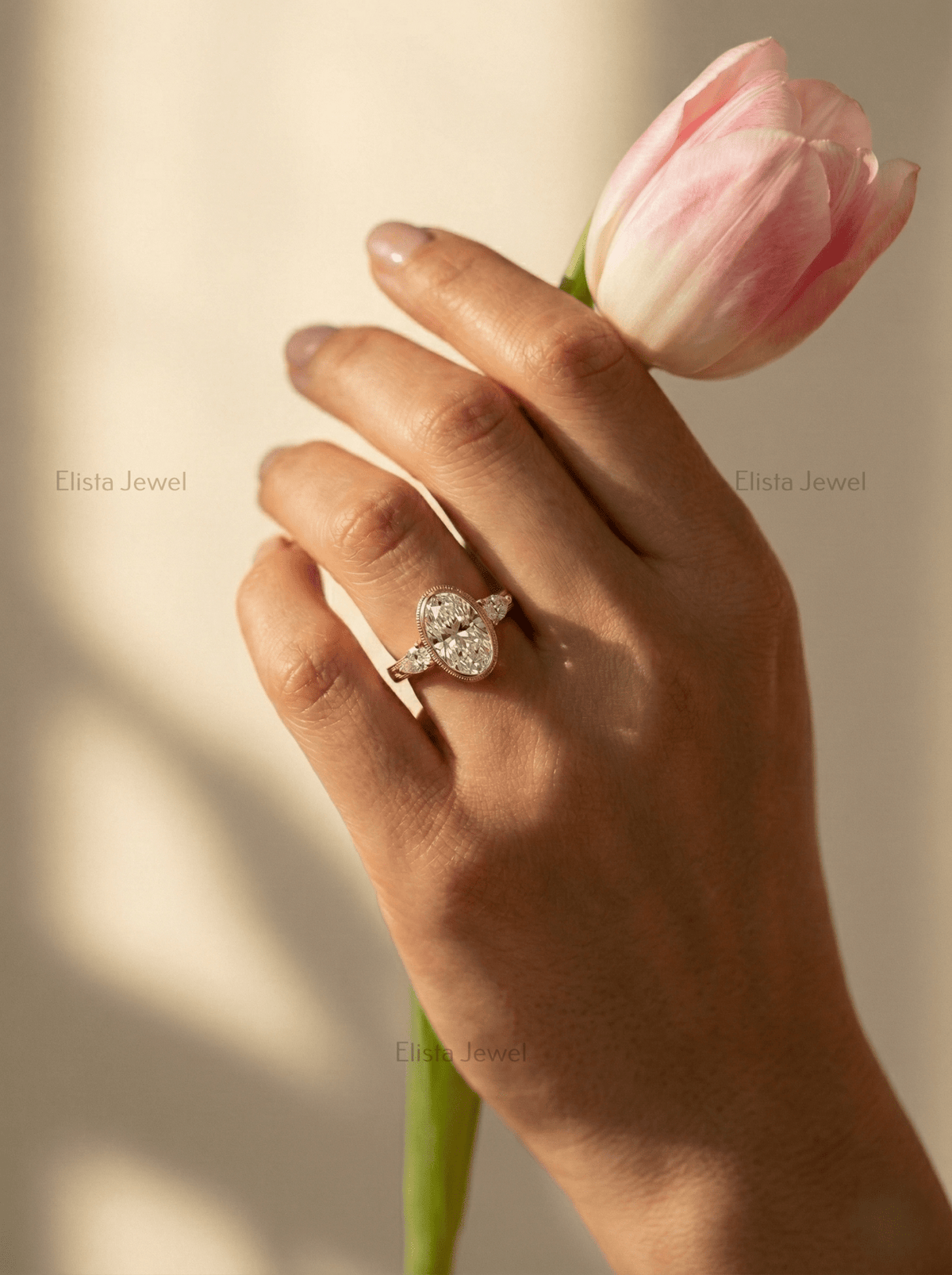 Oval Diamond Ring Lab-Grown Three-Stone Engagement 14K Yellow Gold Bezel With Pear Accents