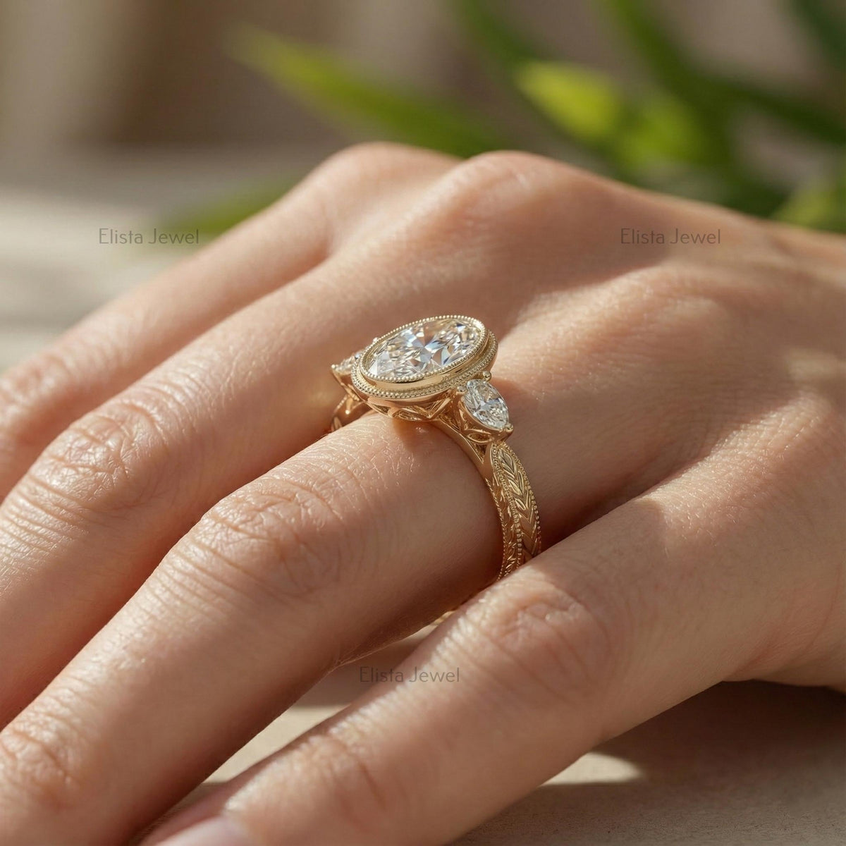 Oval Diamond Ring Lab-Grown Three-Stone Engagement 14K Yellow Gold Bezel With Pear Accents